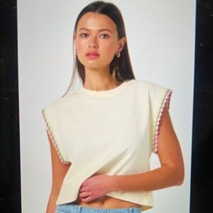 Cream Crochet-Trim Muscle Tee with Pink & Green Accents